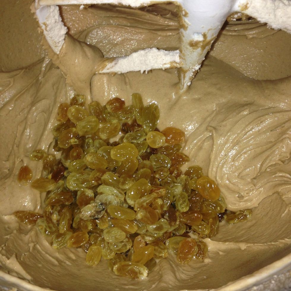 When your batter is finished gently mix or fold in your optional ingredients. I chose golden raisins.