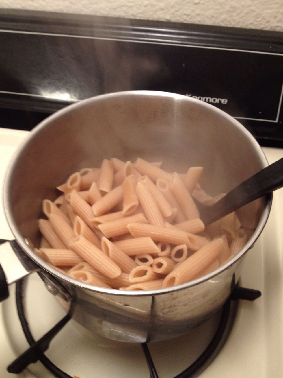 When your pasta is ready, drain and set aside ...
