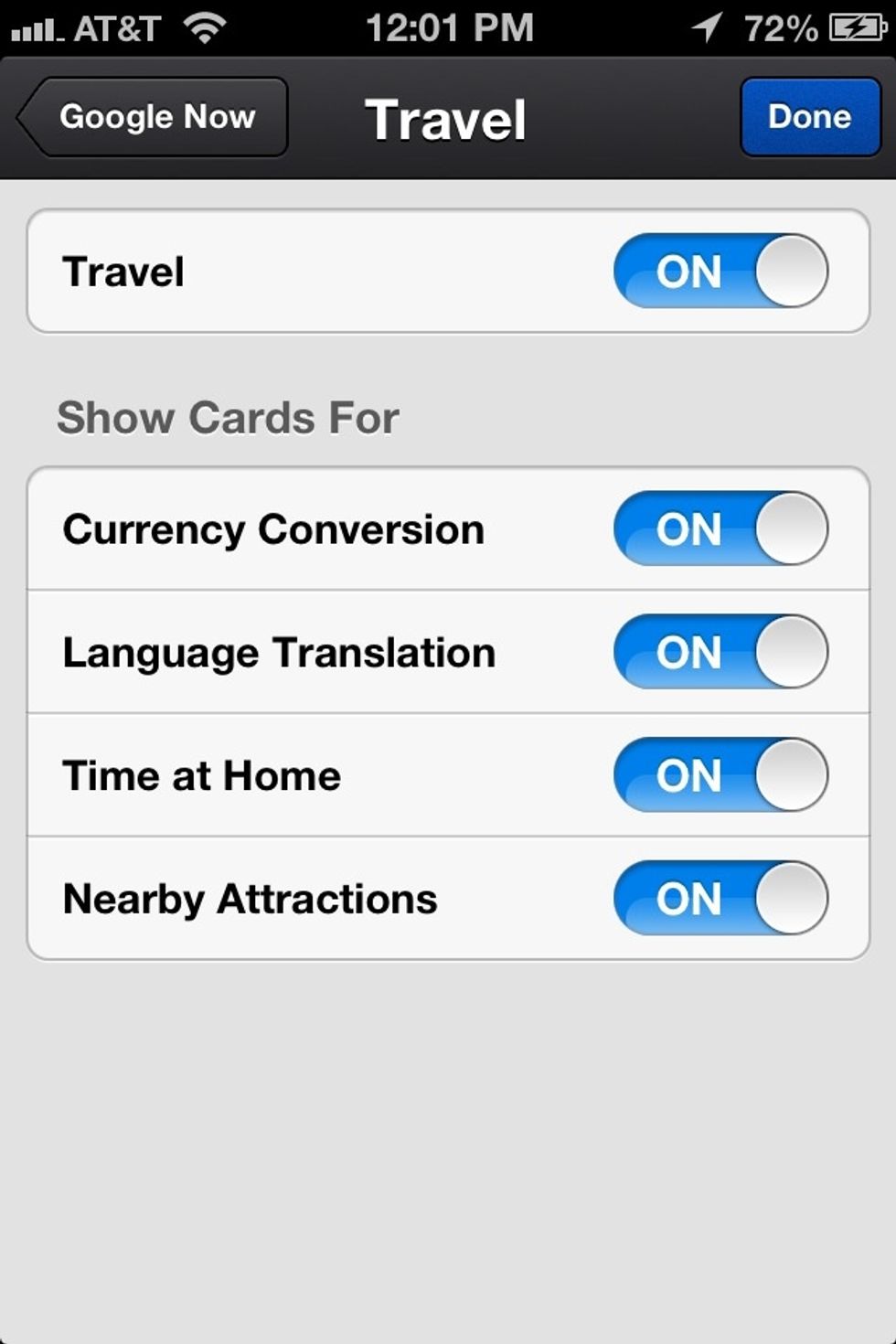 When your plane lands. Just open the google app and look at your travel card to find nearby restaurants, hotels, etc... No searching. It'll just be there for you.