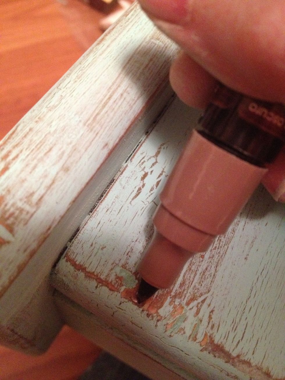 Where my wood showed through, I used a wood stain pen of darker color to age my wood. (see next)