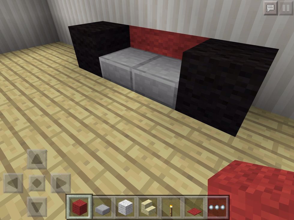 Where to sit? How about a snazzy couch? Made with black wool, stone slabs and red wool.