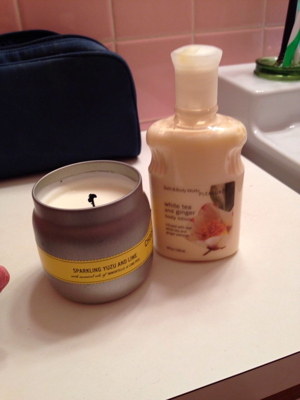 Whether you bathe or not, lotion can be a great way to give yourself a little at-home massage. Focus on areas where you carry tension- feet, shoulders, etc. Choose a calming scent like lavender.