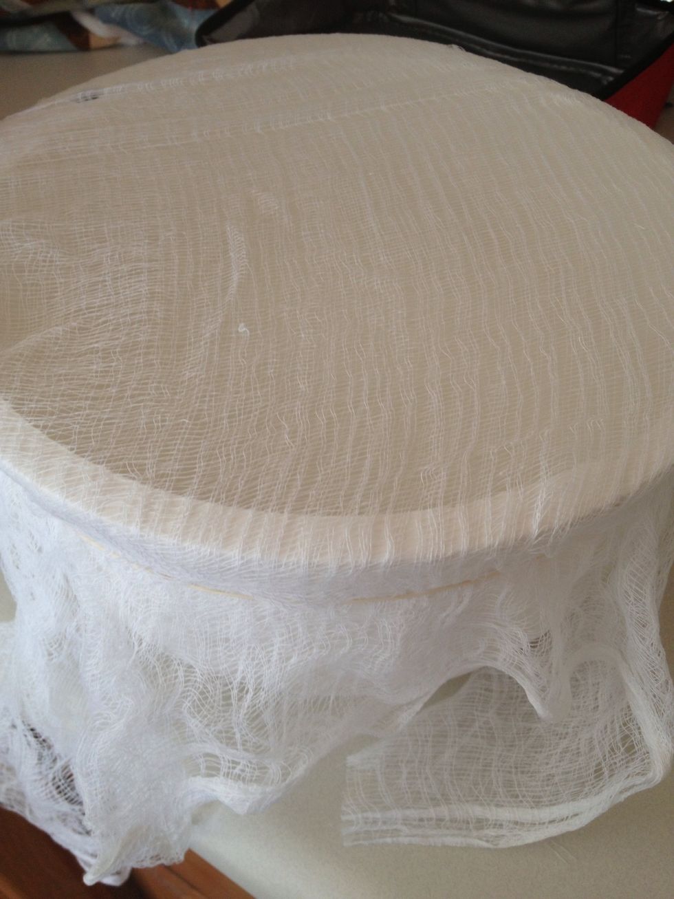 While almonds are being blended, get your cheese cloth ready and secured around a bowl that will hold 4+ cups of liquid. I just used a rubber band to hold in place.