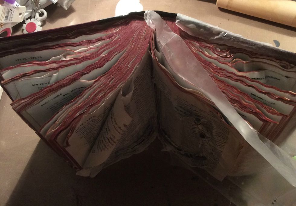 While applying your glue mix, wrinkle and fold and bend your pages the way you would like them to appear once dry. Allow to dry completely. I let it set over night.