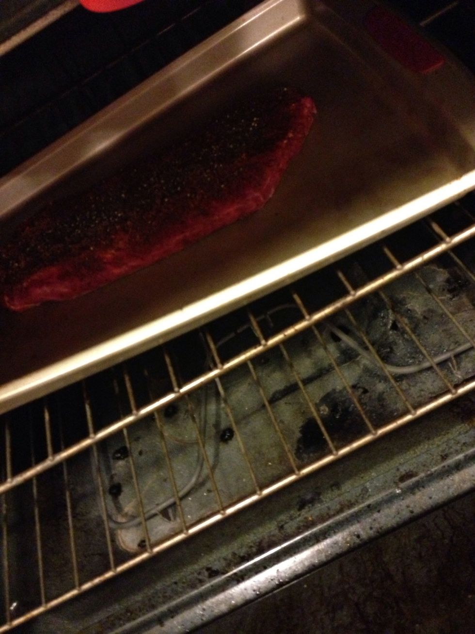 While broiler is heating add sheet pan to preheat that as well. Once hot, add steak, cook about 8-10 min turning once. Let rest 10 min and slice, against grain! This came out medium