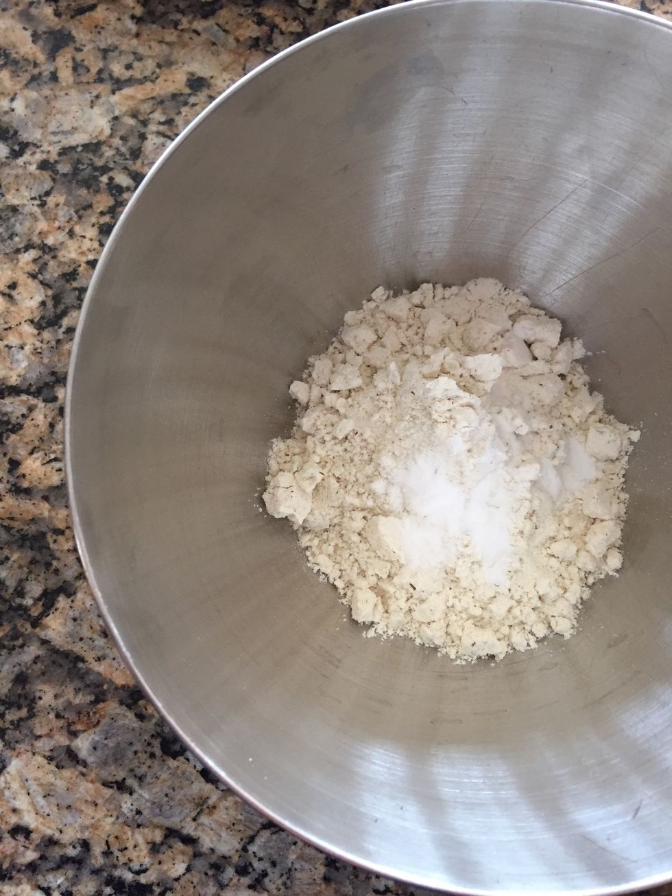 While butter is browning, in a mixing bowl: 2 cups GF all purpose flour blend, 3/4 tsp baking soda and 1/2 tsp salt. Check you flour for added xanthan gum. If yours doesn't have it added, add 1 tsp