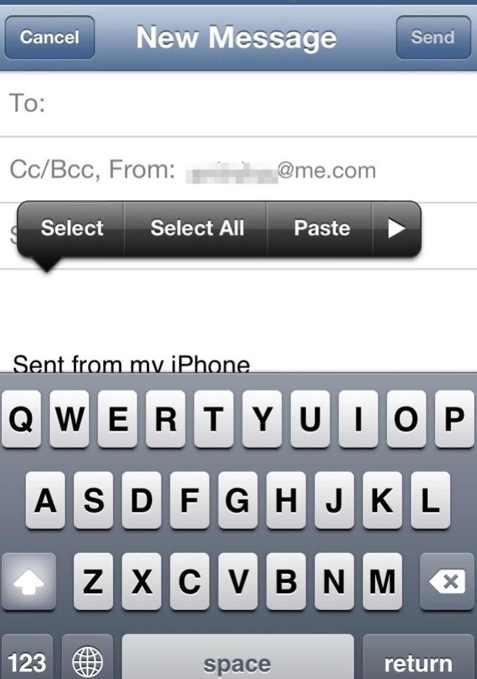 While composing the mail, tap on mail body area and then either tap on the cursor or tap and hold your finger on an empty area, until the pop up menu appears. Then tap on the right arrow.