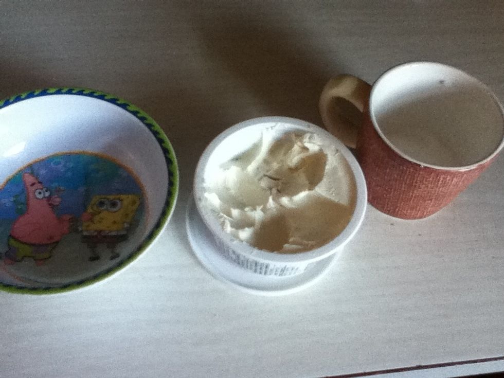 while cookies bake, get cream cheese and sugar ready. ( and yes, that is a spongebob bowl... Hahaha)