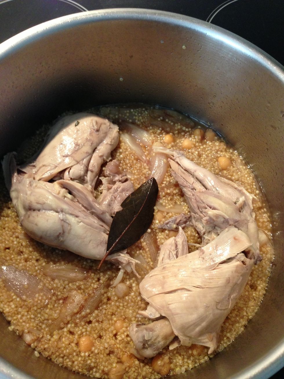 While cooking add the boiled chicken on the top. To heat them. I keep the bay leaf till the end