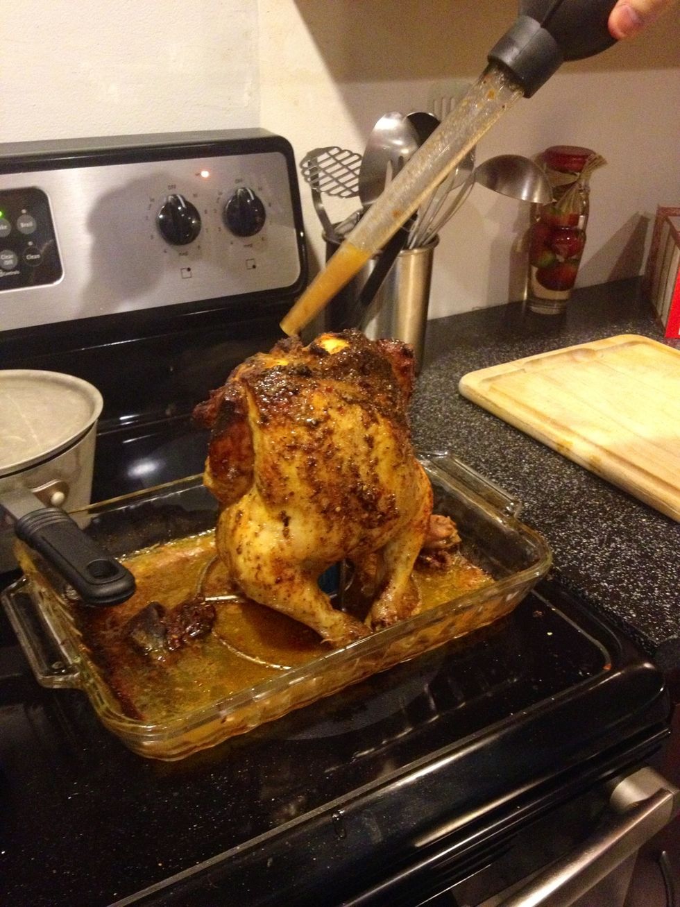 While cooking occasionally baste the chicken with the juices. Yum!