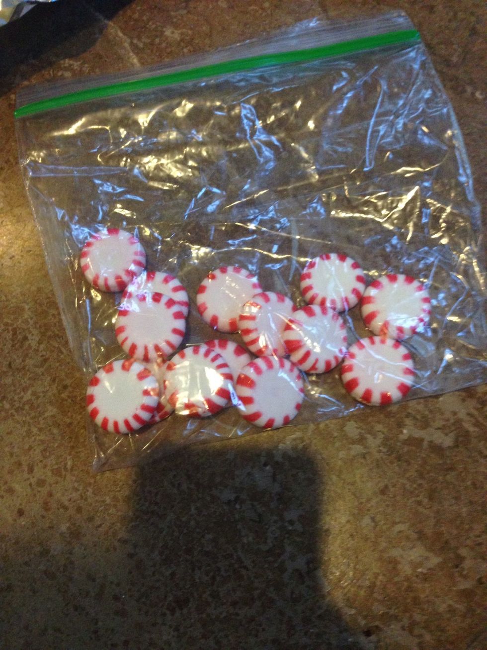 While I'm waiting, I crush my peppermints. Put them in a bag...