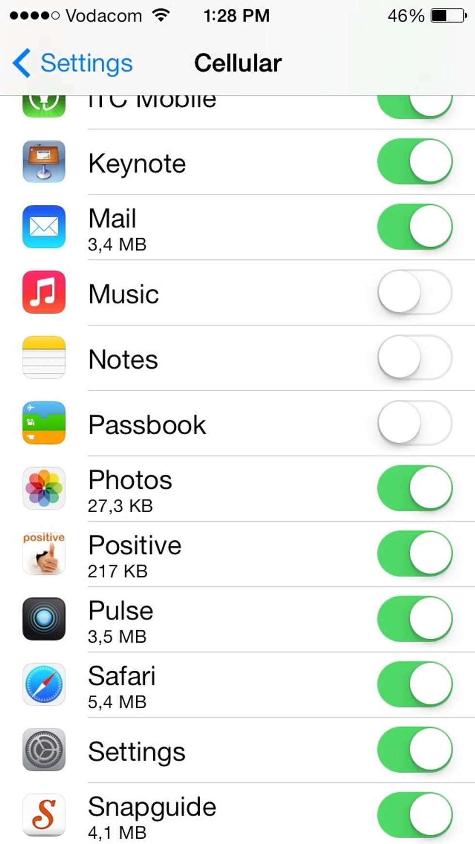While in Cellular scroll down and choose which app you want to allow to use cellular data. Make sure to turn on the important ones only.