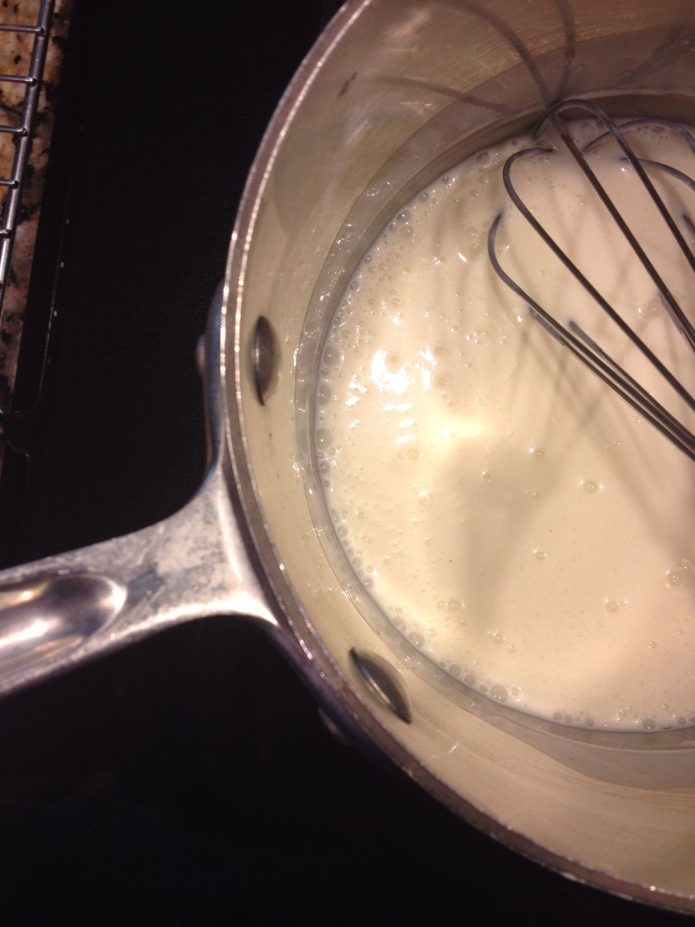 While it's cooking, warm 1 c plus 2TB heavy cream and 1/2 cup plus 1 TB sweetened condensed milk. Let it just warm to blend and remove from heat