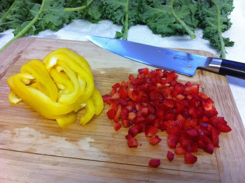 While kale is drying, cut red and yellow bell peppers into small squares (in the image above, the red bell pepper is finished).