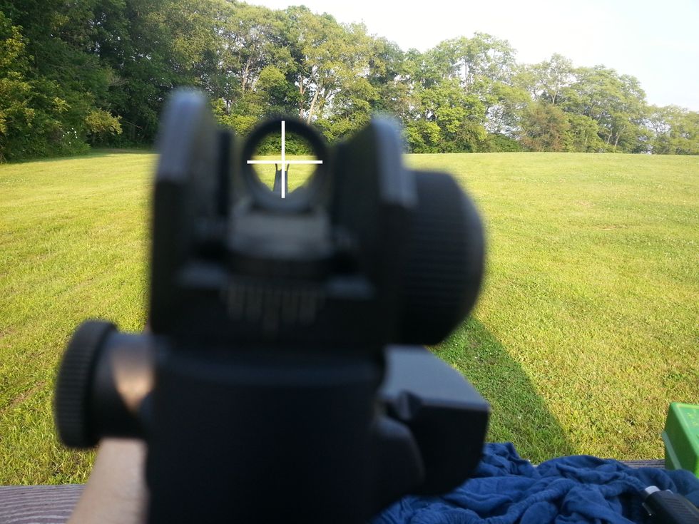 While looking down the sight alignment put your focus where the intersecting lines meet. You want the horizontal sights level with one another and the target to intersect where the vertical line does.