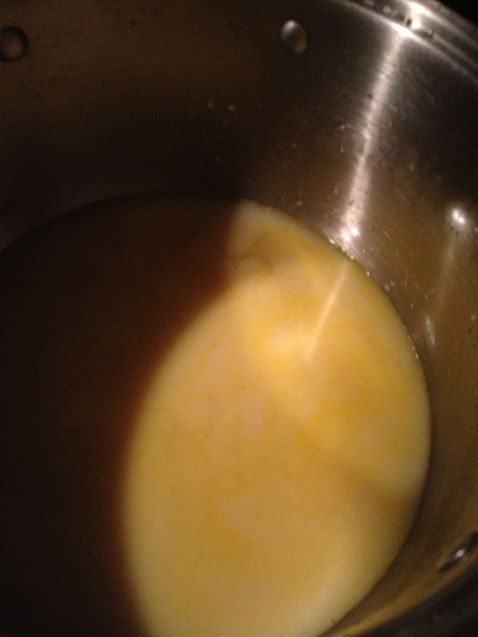 While onion is cooking, add soy milk to broth in medium heat.