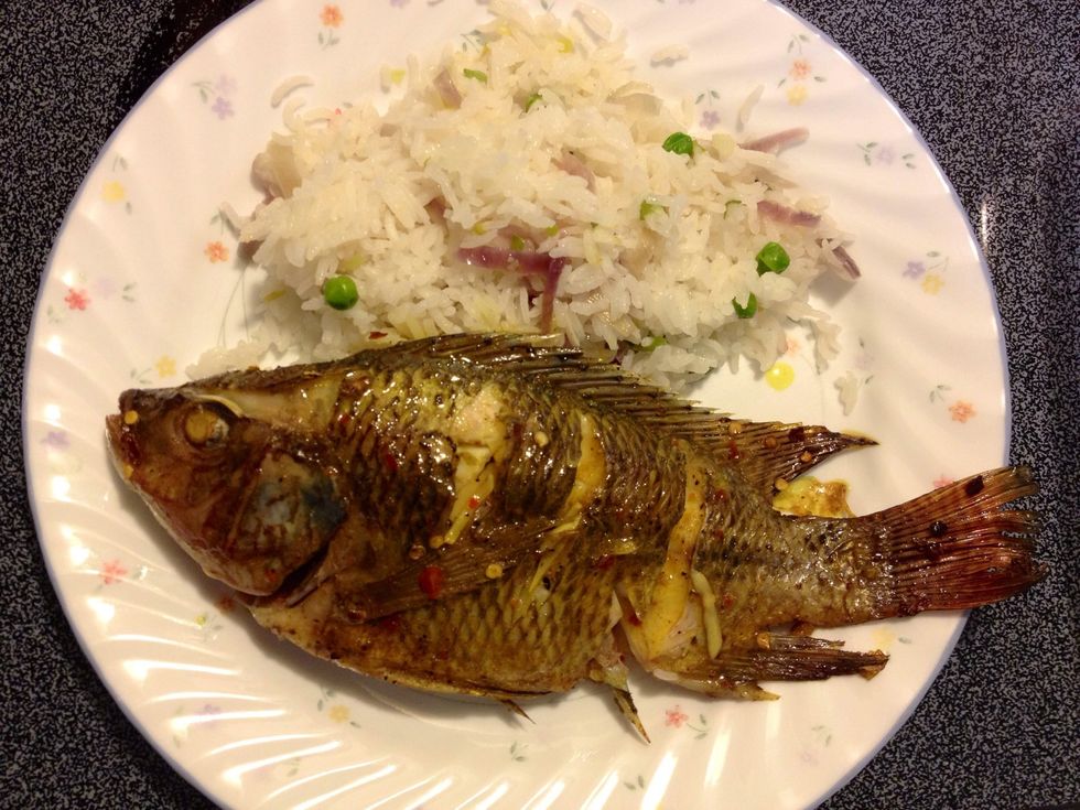 While plating, spoon the fish with juices from the baking pan. Serve with rice of your choice or with Onion Basmati Rice (recipe on my page).