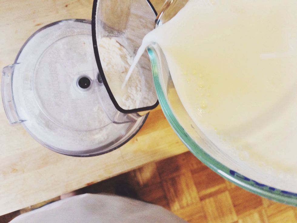While pulsing, slowly drizzle buttermilk into food processor. (Note: if you don't have buttermilk, add 1-2 tbl vinegar to 1.25 cups milk.)