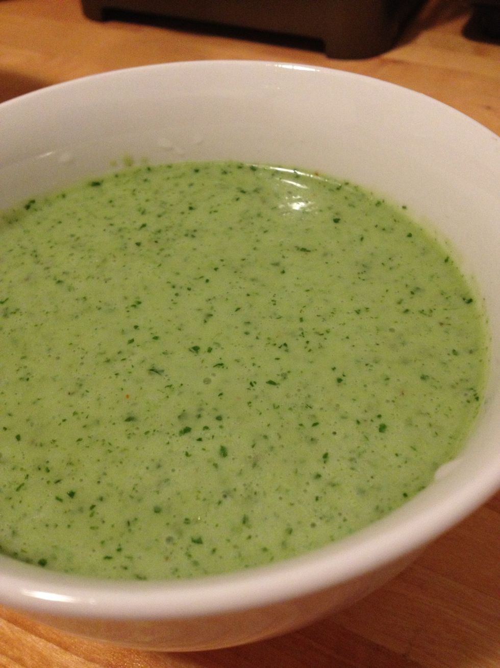 While still blending, slowly pour olive oil into mix. There you have delicious cilantro dressing!