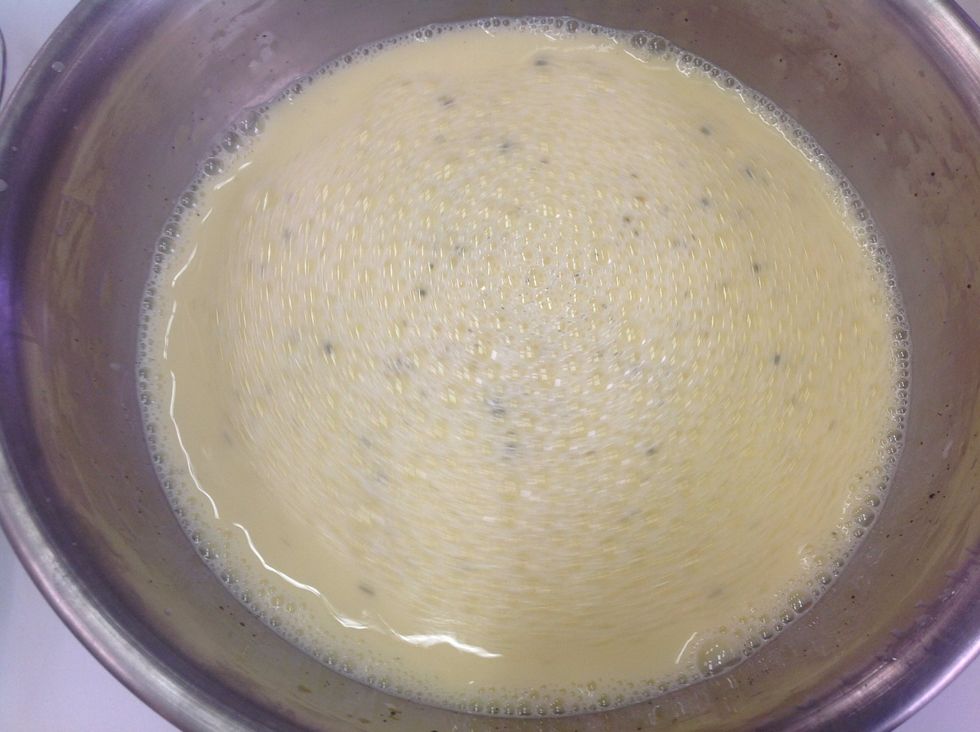 While sugar is caramelizing, make sure your custard mixture is well incorporated.