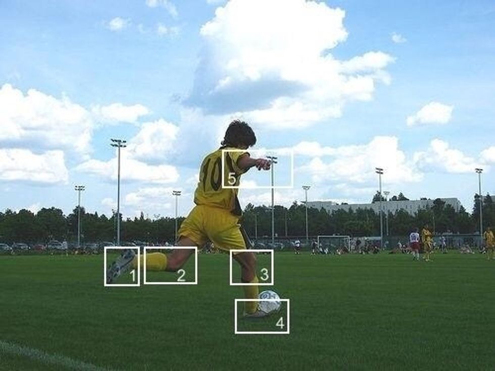 While swinging before you hit the ball your knee should lock so your leg is completely strait