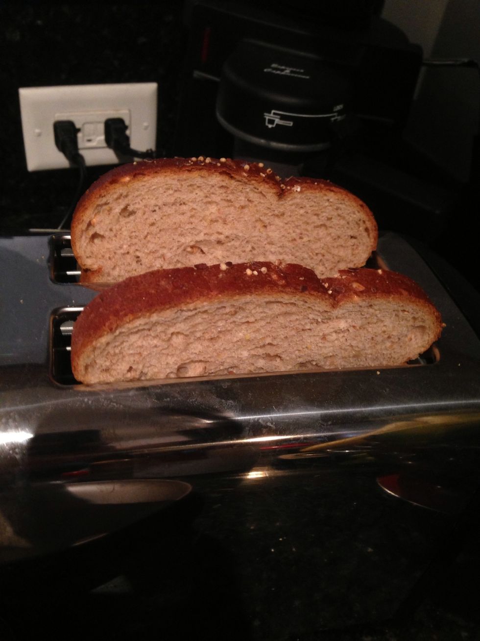 While that cooks on medium heat, toast two slices of bread.