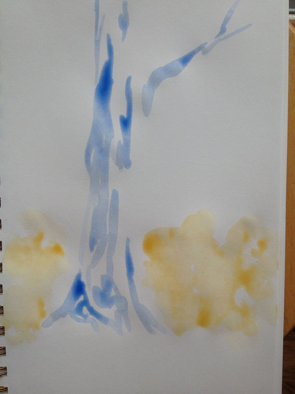 While that dries, a layer of yellow ochre is used to block in the bushes. I am starting with the lightest colors for both objects. A large white space is left between the two for separation and light.
