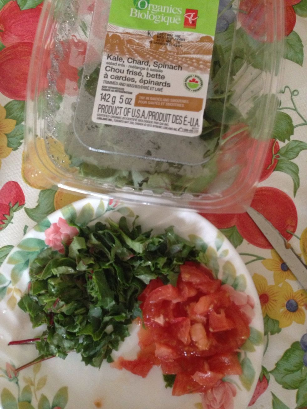 While that simmers, chop your toppings. I use a mix that has kale, chard, and spinach for the elevated protein and vitamin A. I also try my best to buy organic and locally grown to avoid pesticides.