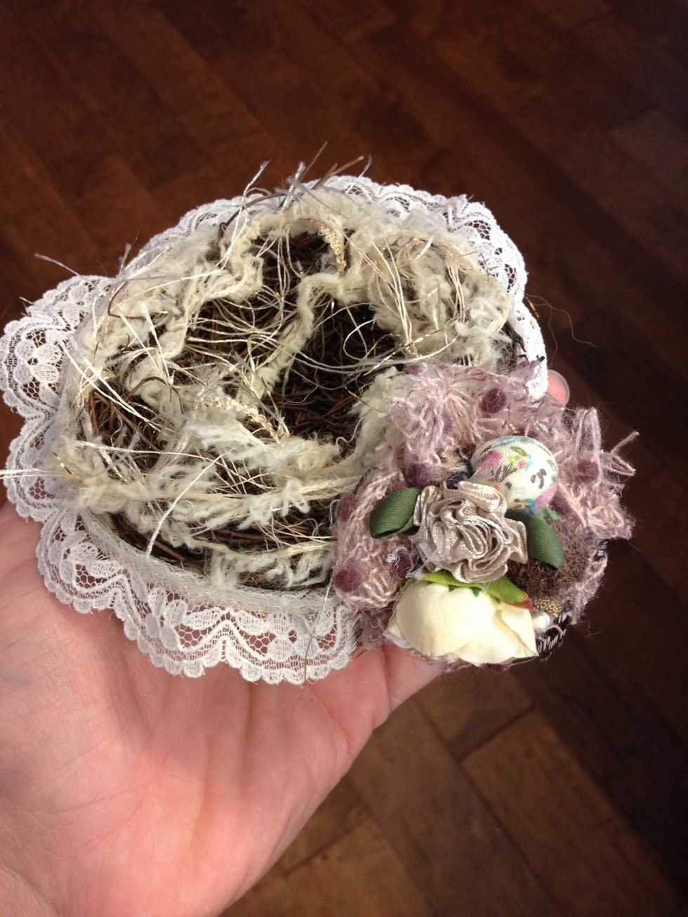 While the box is drying, assemble the nest. Wrap the lace and yarn around it. You can secure with a little hot glue.