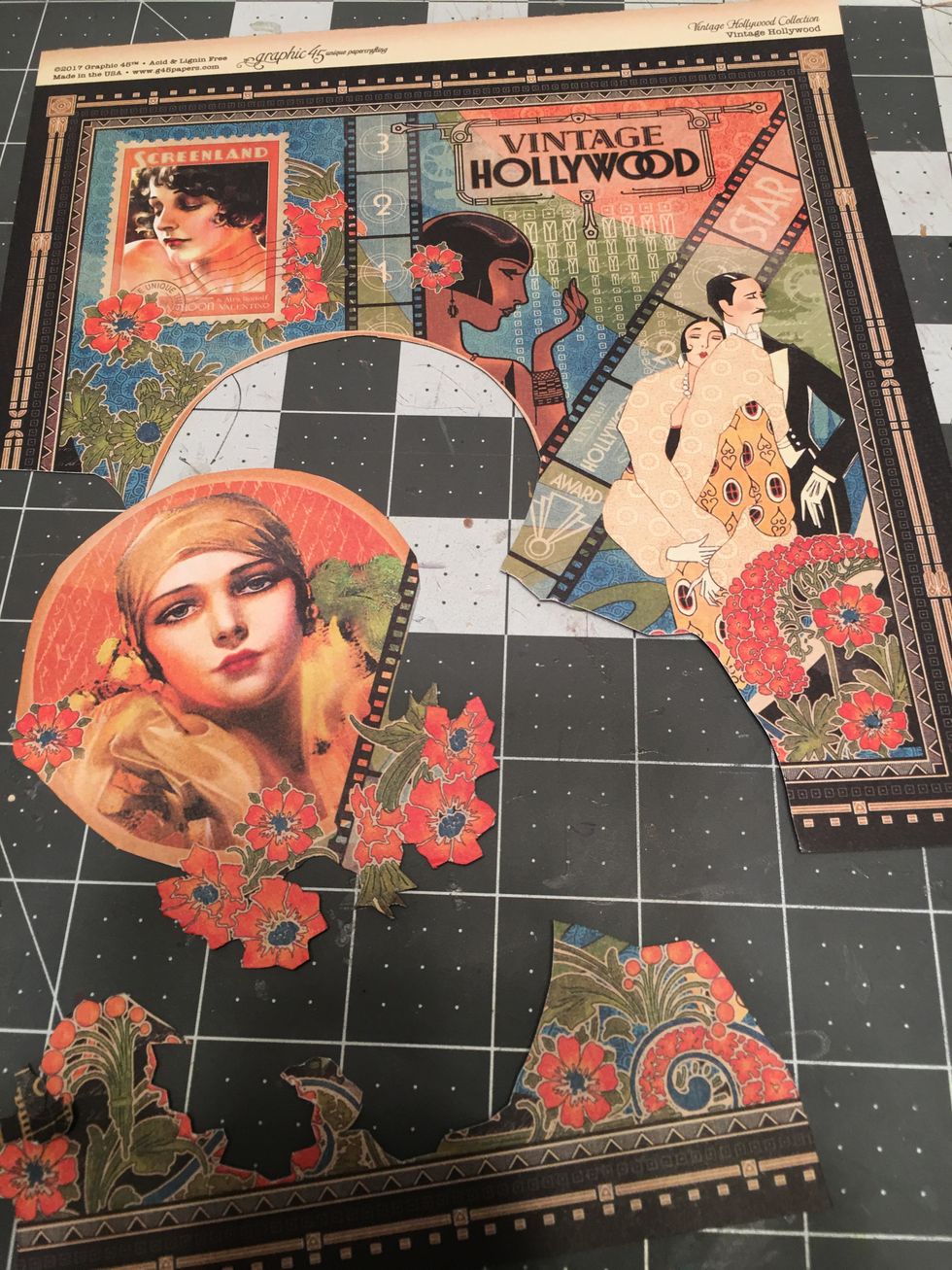 While the closure piece dries to the album, fussy cut out images from the Vintage Hollywood paper to decorate the front of your album.