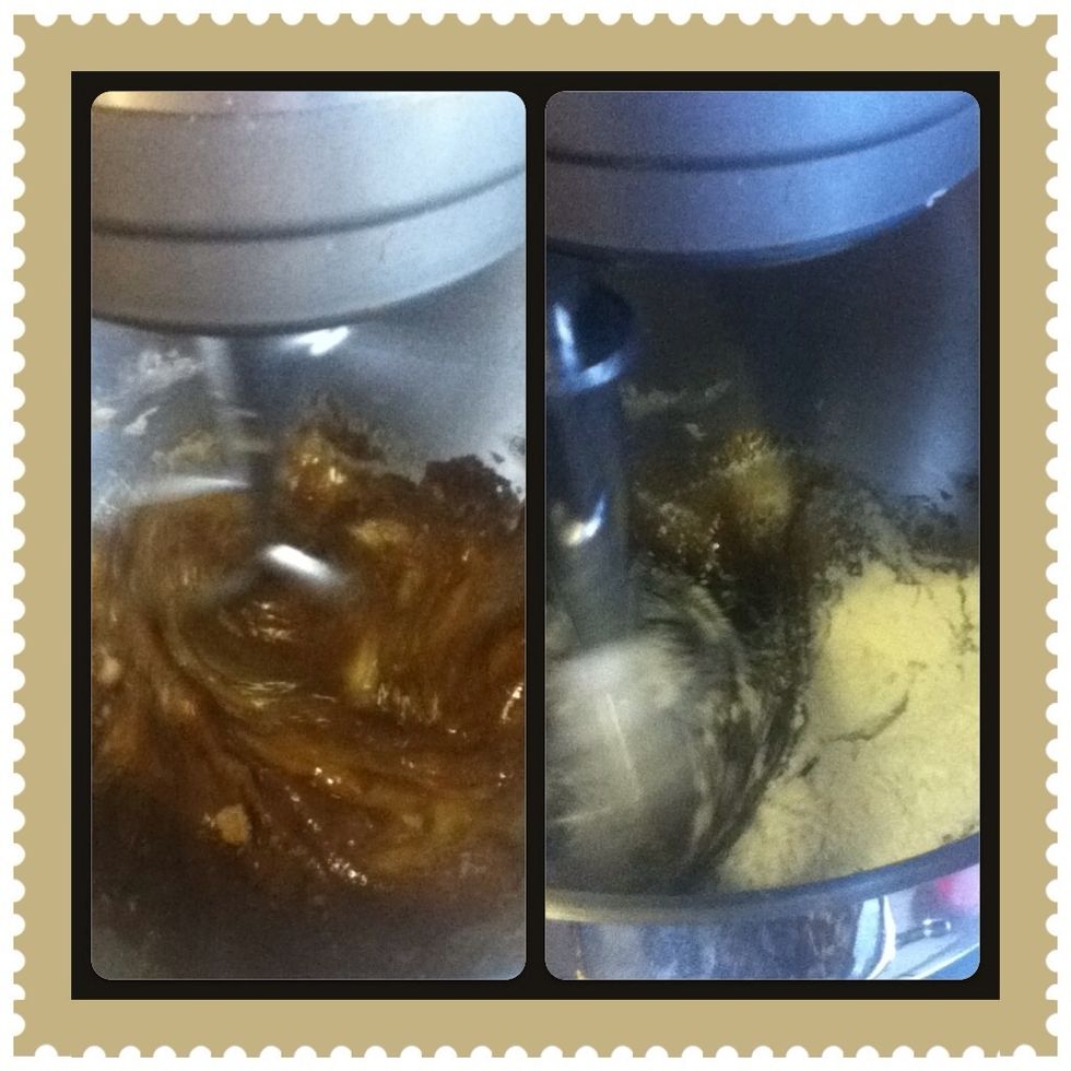 While the cookie is in the oven add the eggs, mix them a little bit and then add the kahlua, brown sugar until fluffy. Then sift the flour with the baking powder and salt.