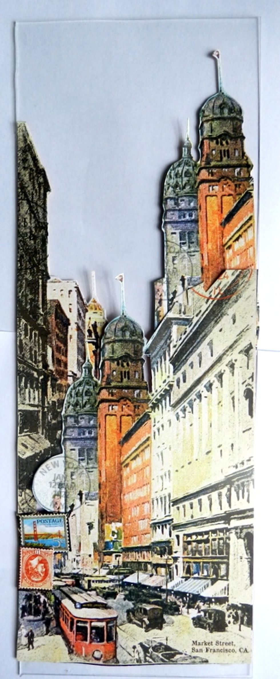 While the crackle paste is drying, you can cut out this scene from G45 Cityscapes and glue it on the glass that is at the rear of window shadow box.