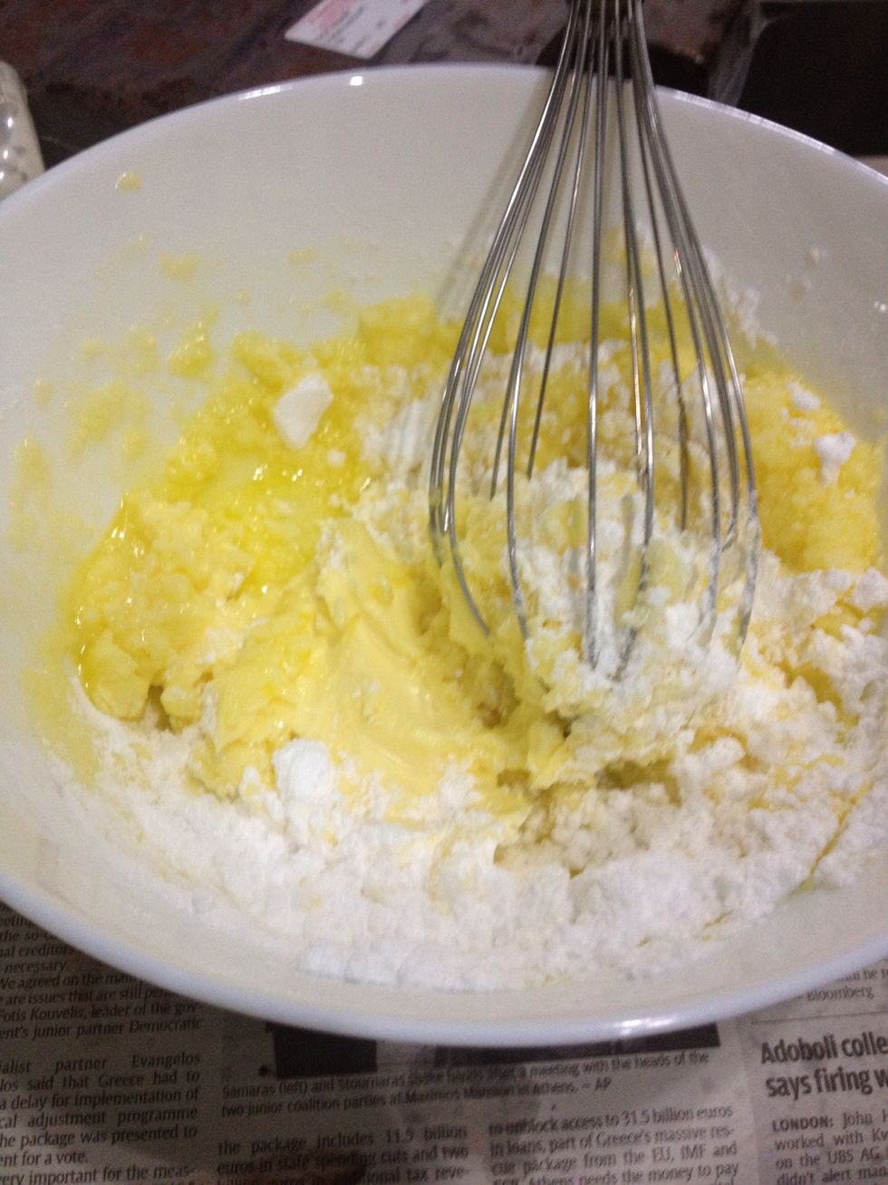 While the cupcakes are baking, mix together softened butter and icing sugar in a large bowl until light and fluffy.