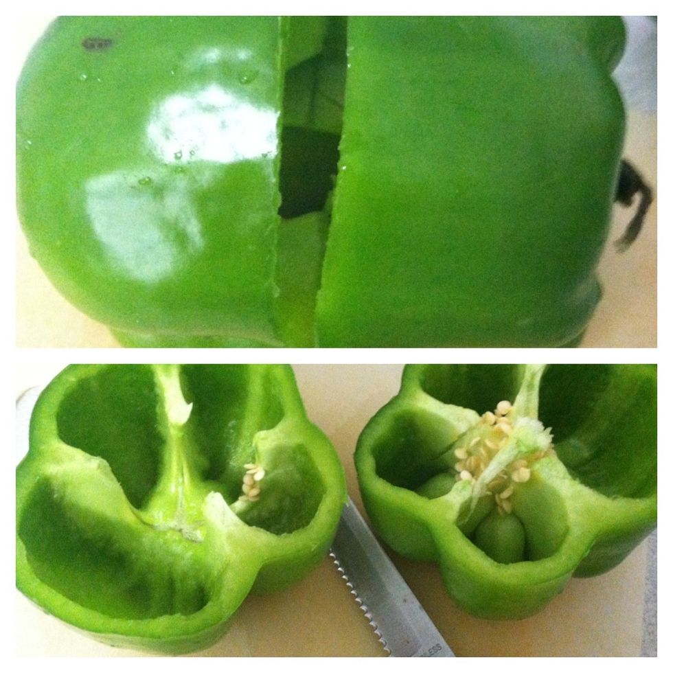 While the ground turkey is cooking, wash and cut the green peppers as shown. And remove the seeds.