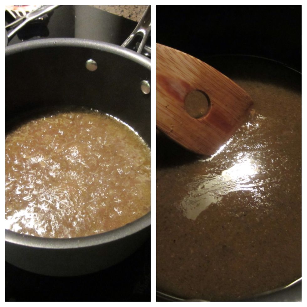 While the lamb is sitting strain out the extra liquid from baking pan and place in pot. Add the rest of the stock and a couple drops of red wine. Cook on medium high to reduce gravy down.