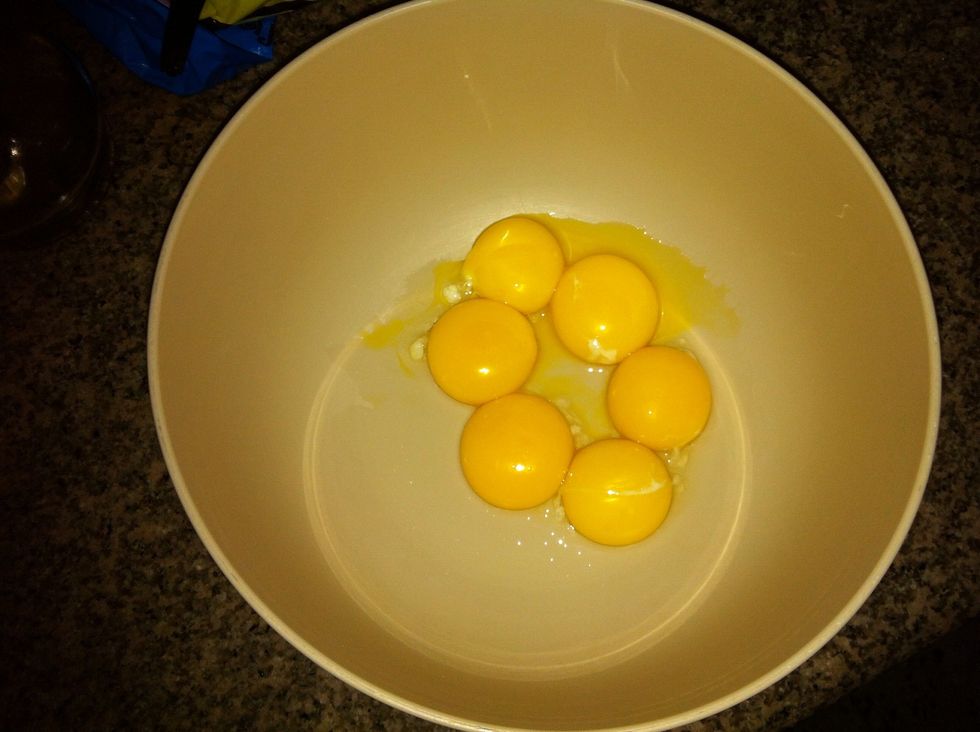 While the milk and cream are heating up and infusing, seperate the eggs, we don't need the whites in this recipe but you can save them in the freezer for when you need them elsewhere.