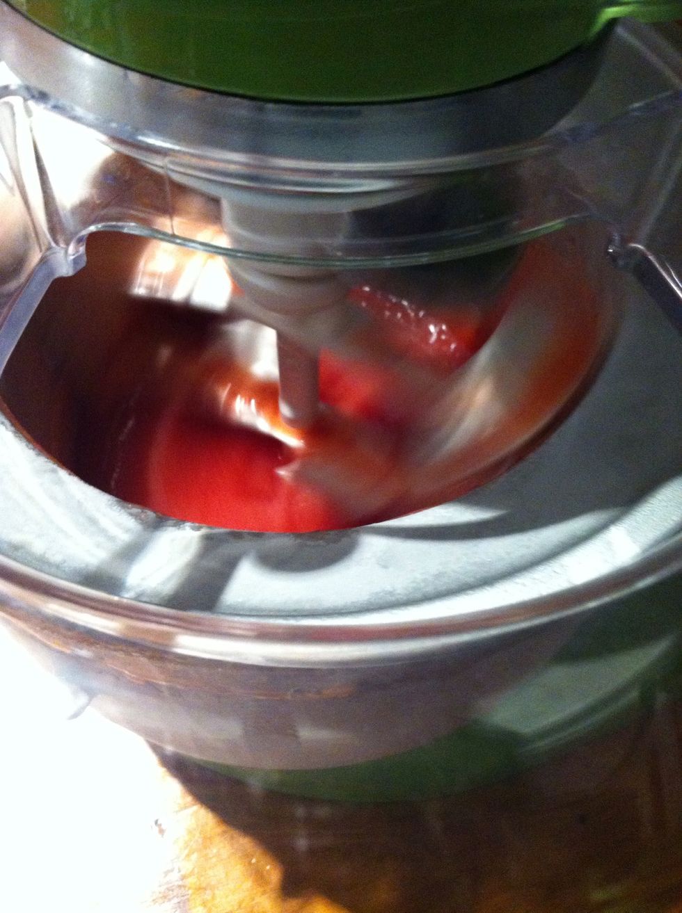 While the mixer is running on speed 1 (stir), pour the mix in. Your mixer must be in motion or else the mix will freeze to the bottom of the bowl.