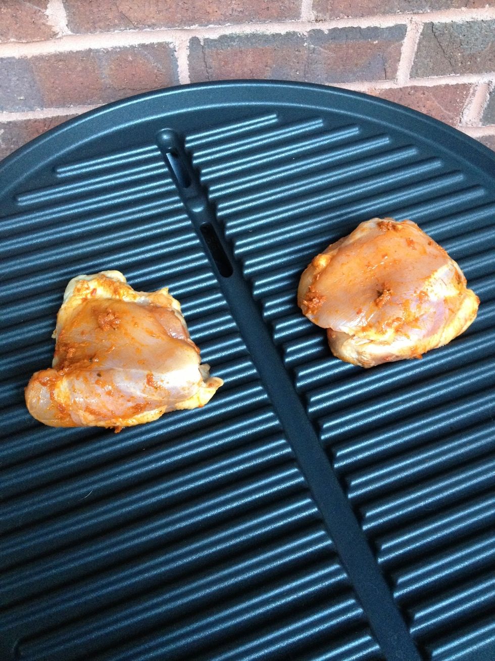 While the mushroom tops are baking, grill your chicken. I have marinated mine in a bell pepper and spices sauce.