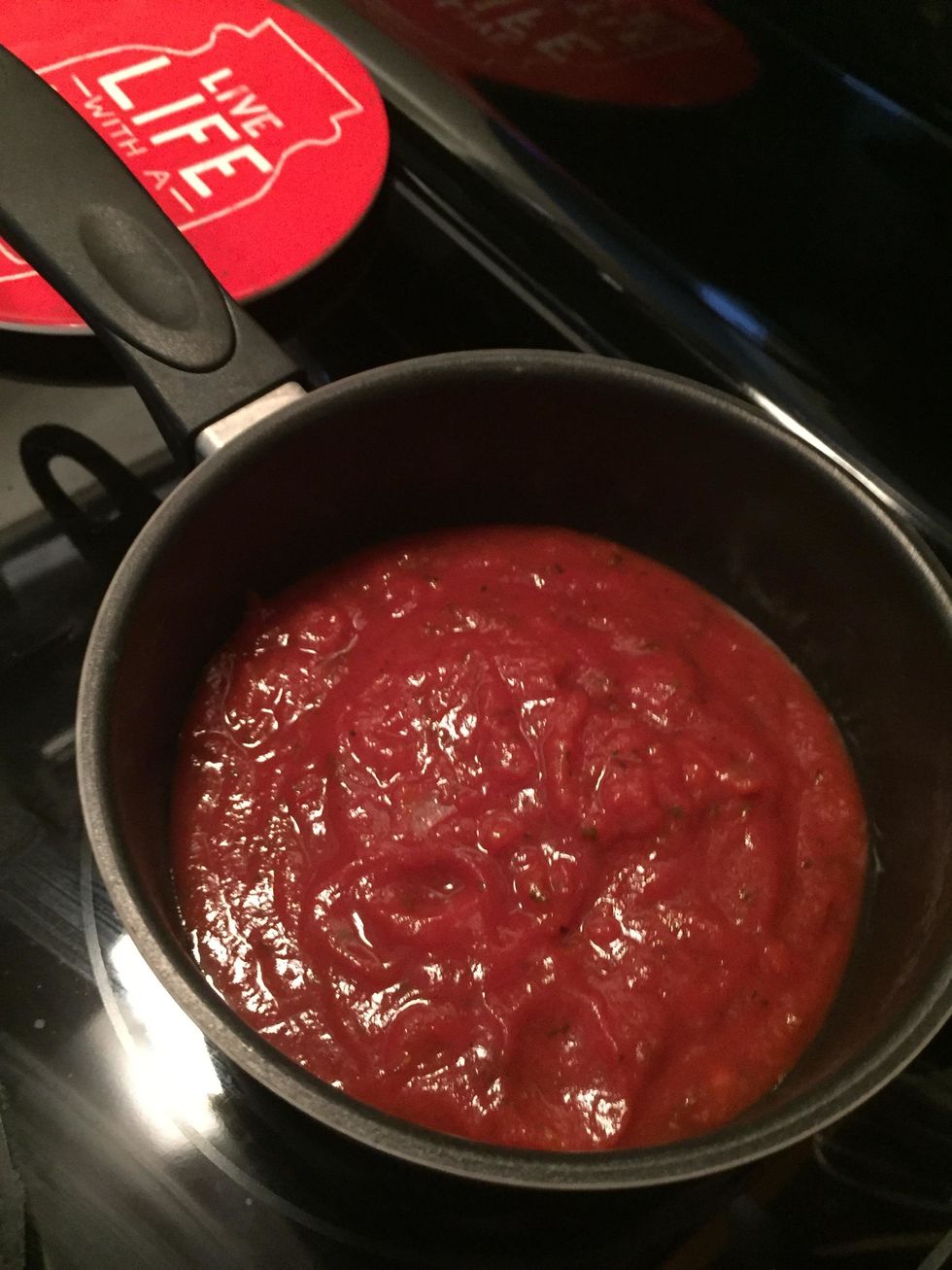 While the noodles are cooking, heat pasta sauce in small pot over medium heat, stirring occasionally with a small spoon. Tip: it should only take 3-5min for sauce to heat up