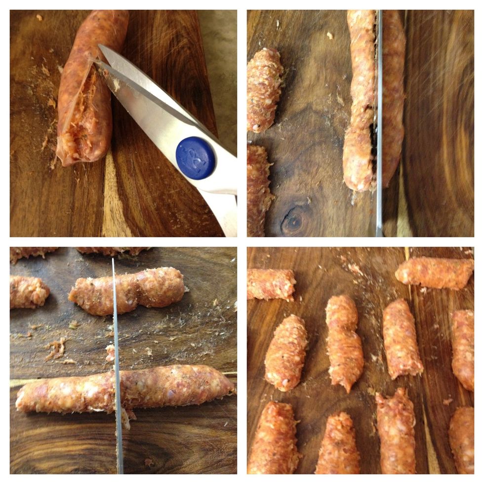 while the noodles are in, I prepare sausage. I cut them this way because that's how my mom makes it! =)