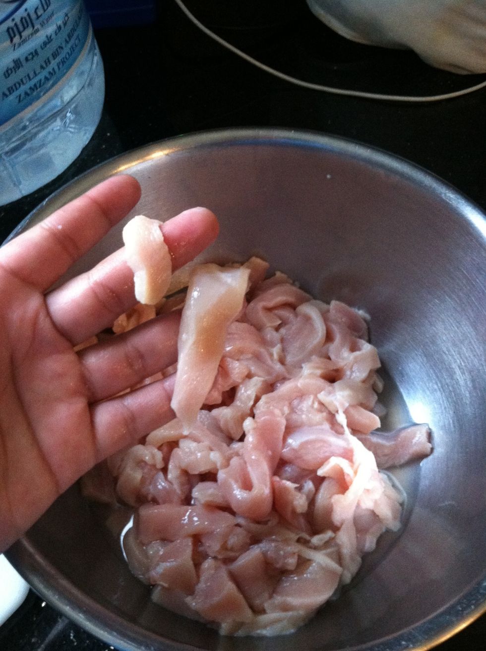 While the onion is frying, cut the chicken breast into strips