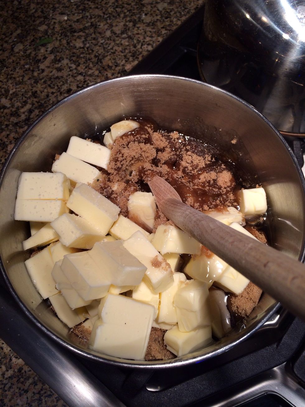 While the popcorn is cooking, heat the other ingredients (brown sugar, corn syrup, butter, and salt) over the stove in a saucepan. Stir while heating.