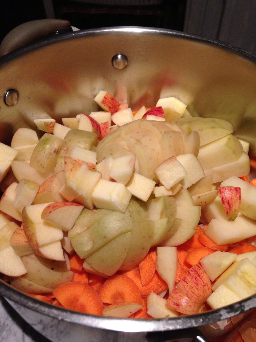 While the porkies do their thing, prep your veg and put all except the peas into a pot, cover with water, season and bring to the boil, then turn down to simmer till everything is soft and mashable.