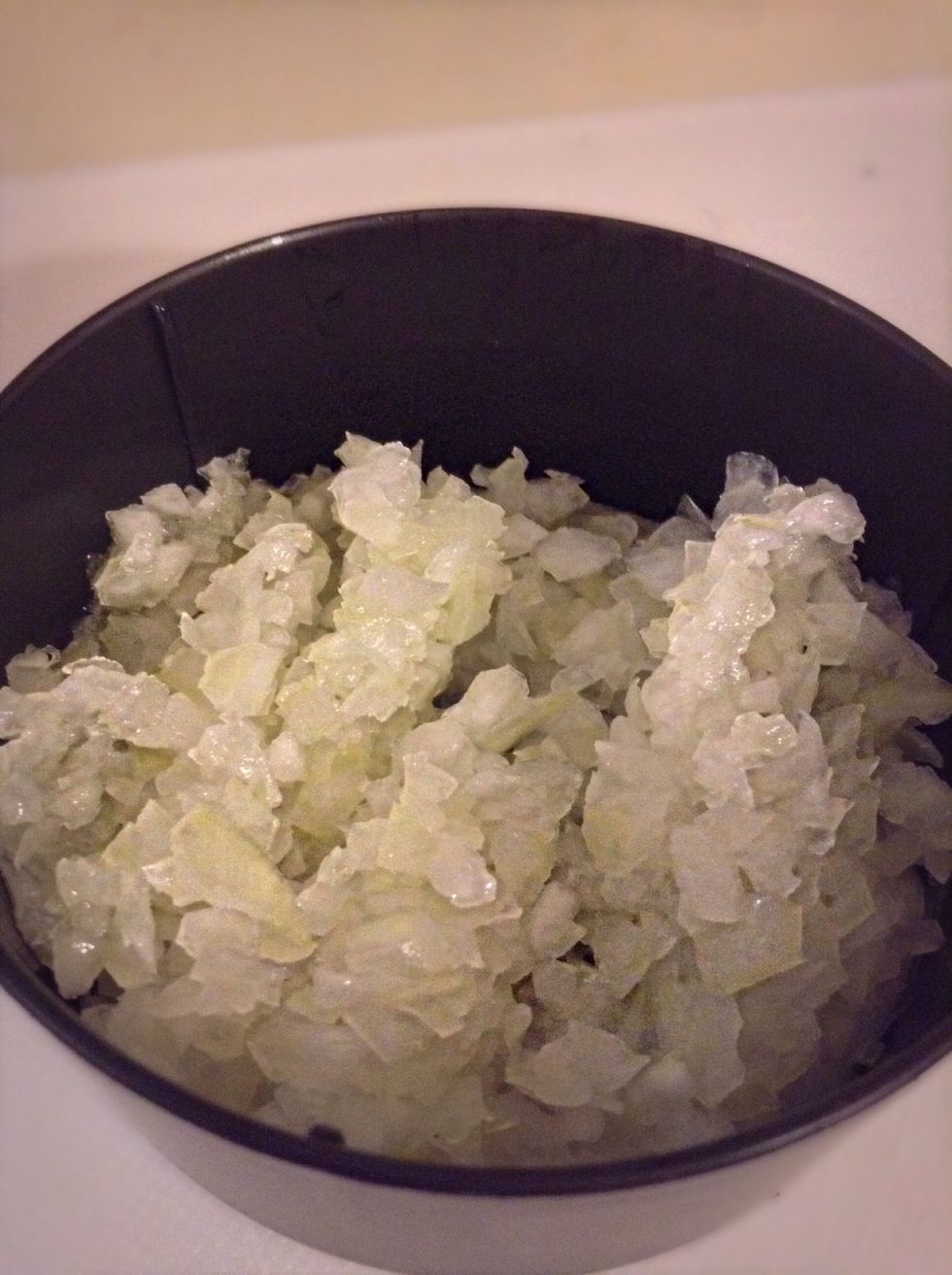 While the potatoes are cooking get your onion ready. I kind of cheat and use a slap chop, but who actually LIKES to cry when chopping up an onion!?