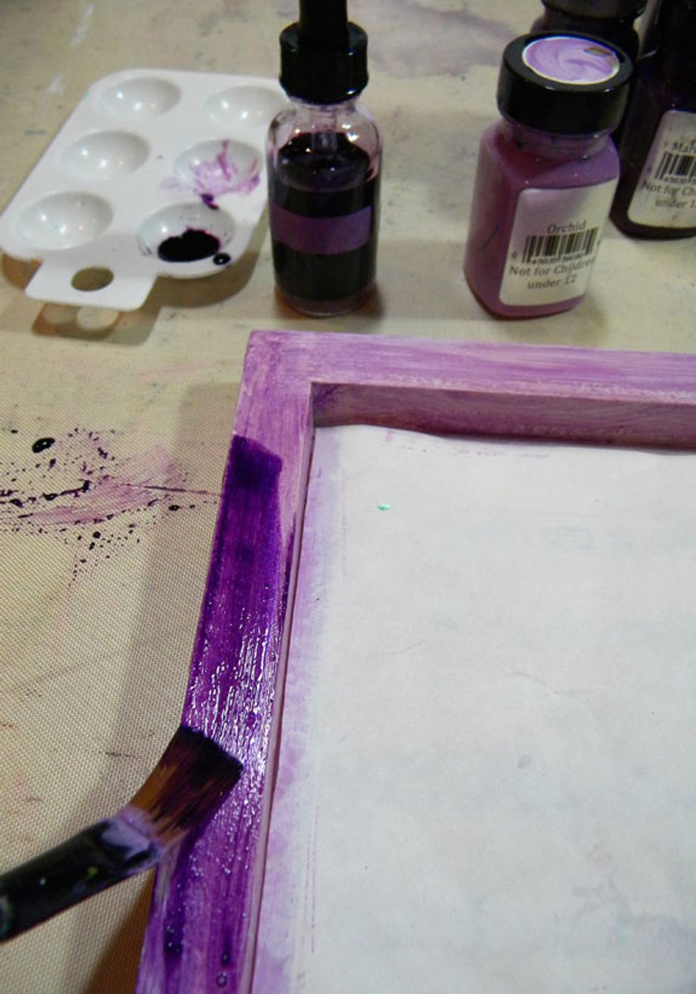 While the purple is still wet, paint on Majestic Minx Shimmering Ink.