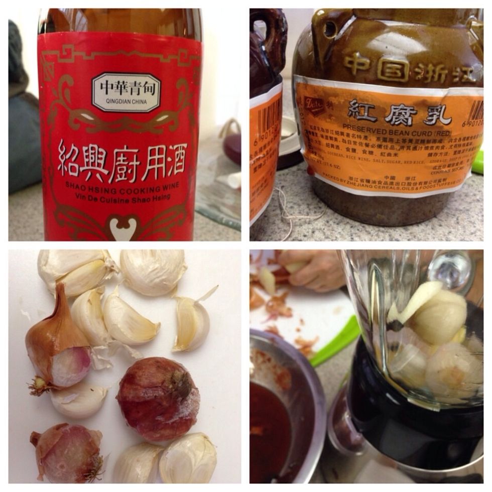 While the ribs are being marinated in sugar. Put all sauces, salt, shallot, peeled garlic, wine into a blender.