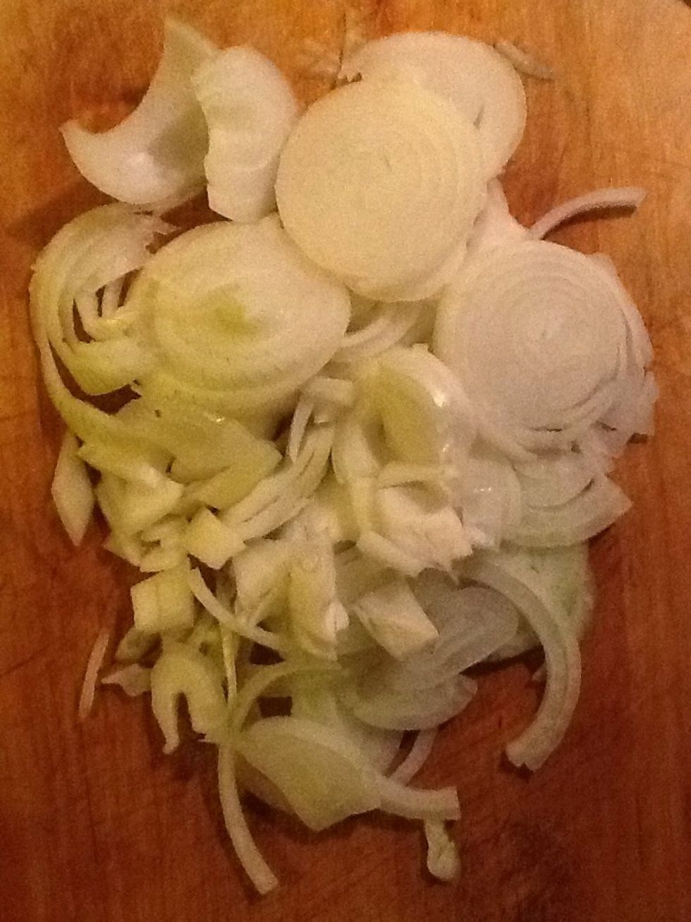 While the sausages cook cut the onions across the grain to make rings