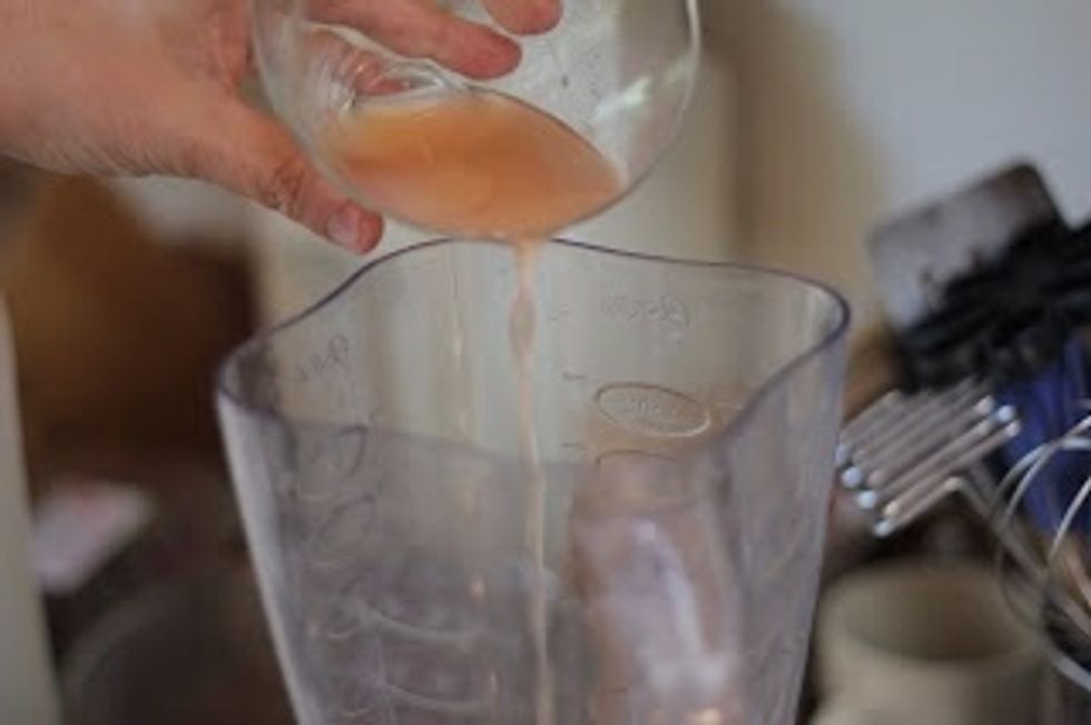 While the shallots are softening, in a blender mix together:    the juice of 1/2 fresh ruby grapefruit.   1 Tbs rice vinegar,1 Tbs of sake,