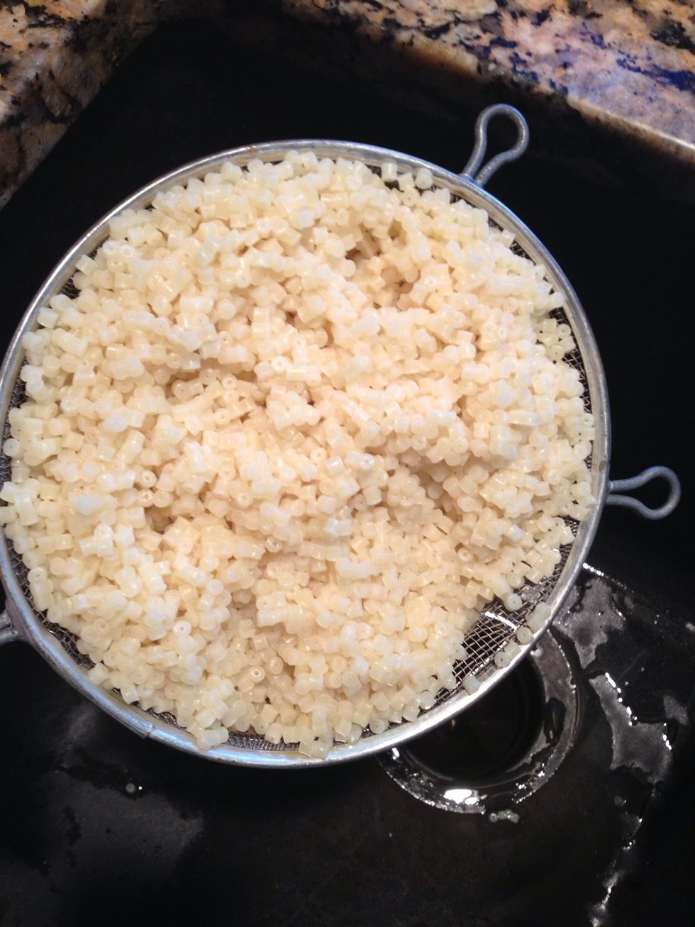 While the soup cooks I make a bag of the soup pasta: Acini de Pepe. It's very small pasta. Cook your pasta and drain well. It needs to be completely cold when you add to your soup