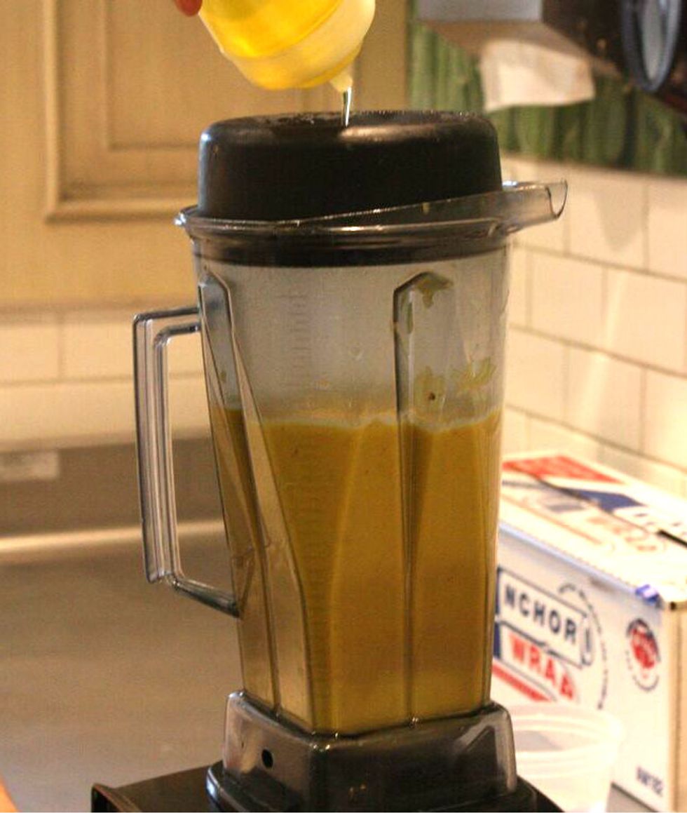 While the soup is pureeing, drizzle olive oil in to make it very smooth, and of course, season to taste with salt and pepper.